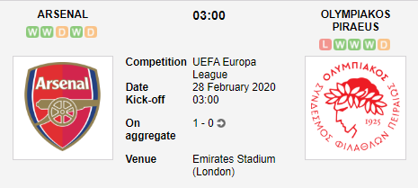 Prediksi Skor Arsenal vs Olympiakos Piraeus 28 Februari 2020