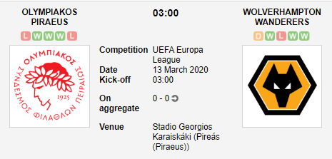 Prediksi Skor Olympiakos Piraeus vs Wolverhampton Wanderers 13 Maret 2020