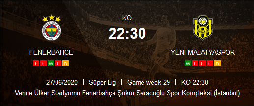 Prediksi Skor Fenerbahçe vs Yeni Malatyaspor 27 Juni 2020