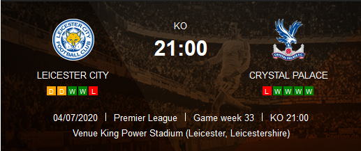Prediksi Skor Leicester City vs Crystal Palance 04 Juli 2020