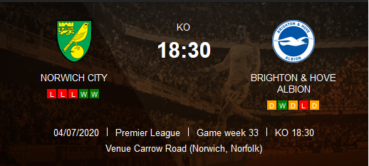 Prediksi Skor Norwich City vs Brighton Hove Albion 4 Juli 2020